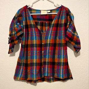 Maeve by Anthropologie Amelia Button down Plaid Gauzy V-Neck Smock Sleeve